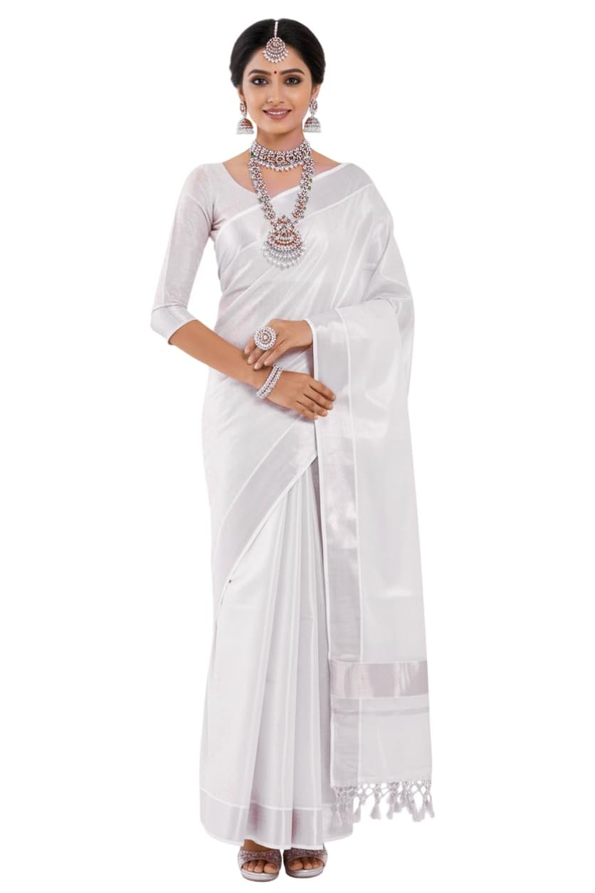 Women's Kerala Tissue Plain Saree with Running Blouse| Onam & Vishu Kani Special | Traditional Kasavu White Colour