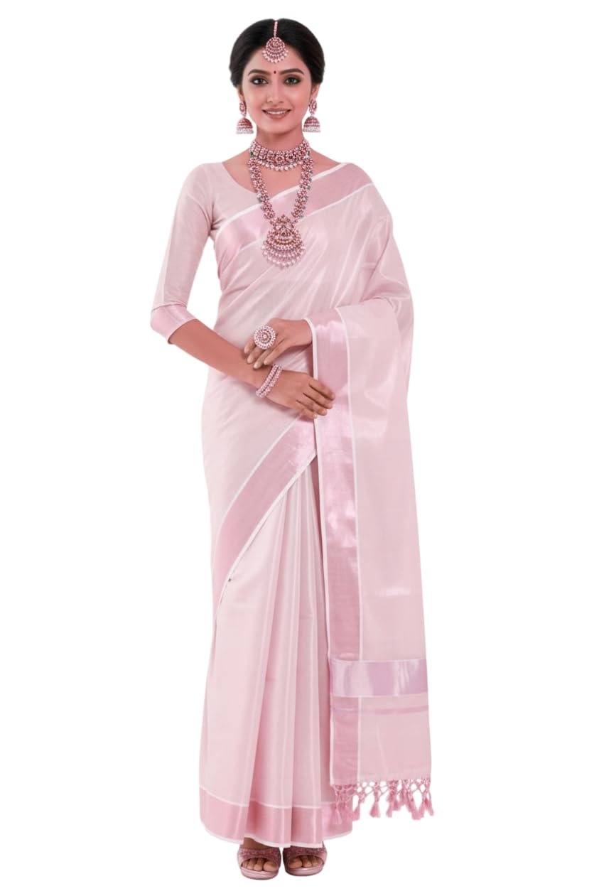 Women's Kerala Tissue Plain Saree with Running Blouse| Onam & Vishu Kani Special | Traditional Kasavu White Colour - Image 4