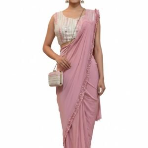 OWLSKY, SASSY & STYLO Women's Imported Georgette Ready to Wear Saree | One Minute Saree With stitched Blouse Piece | Ruffle Border | Ready to Wear Drape | Wedding & Festive Saree for Women