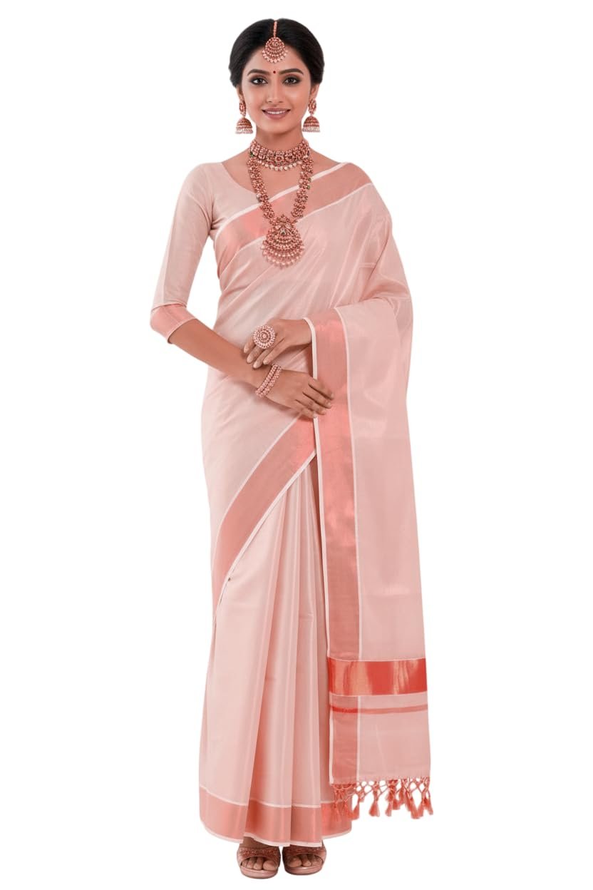 Women's Kerala Tissue Plain Saree with Running Blouse| Onam & Vishu Kani Special | Traditional Kasavu White Colour - Image 2