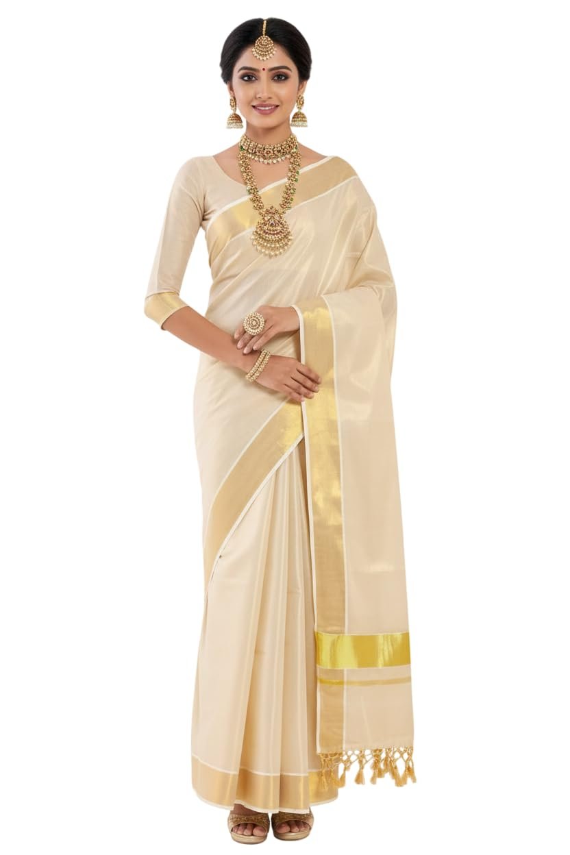 Women's Kerala Tissue Plain Saree with Running Blouse| Onam & Vishu Kani Special | Traditional Kasavu White Colour - Image 3