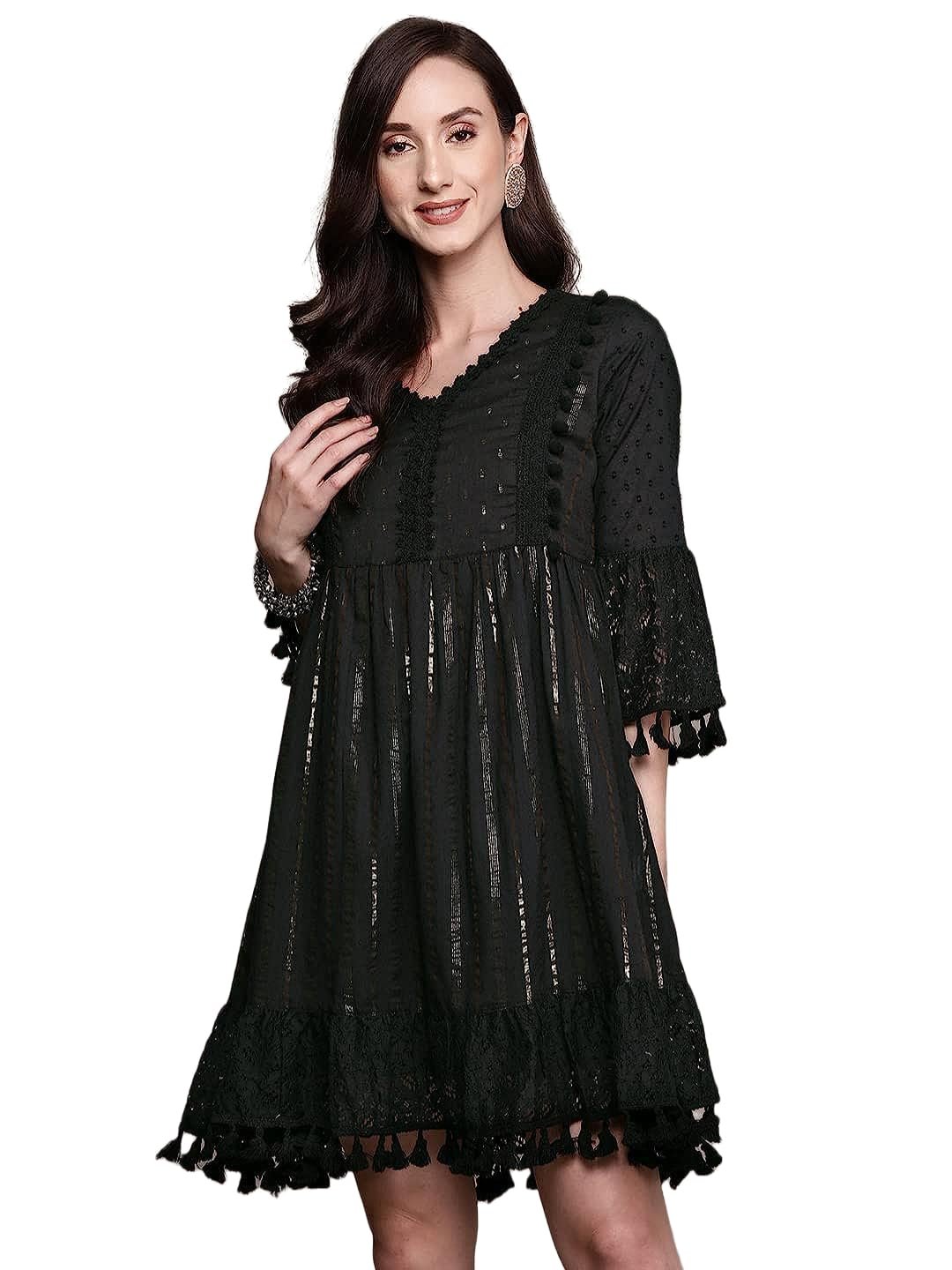 Ishin Women's Cotton Above Knee Length A-Line Indo Western Dress - Image 3