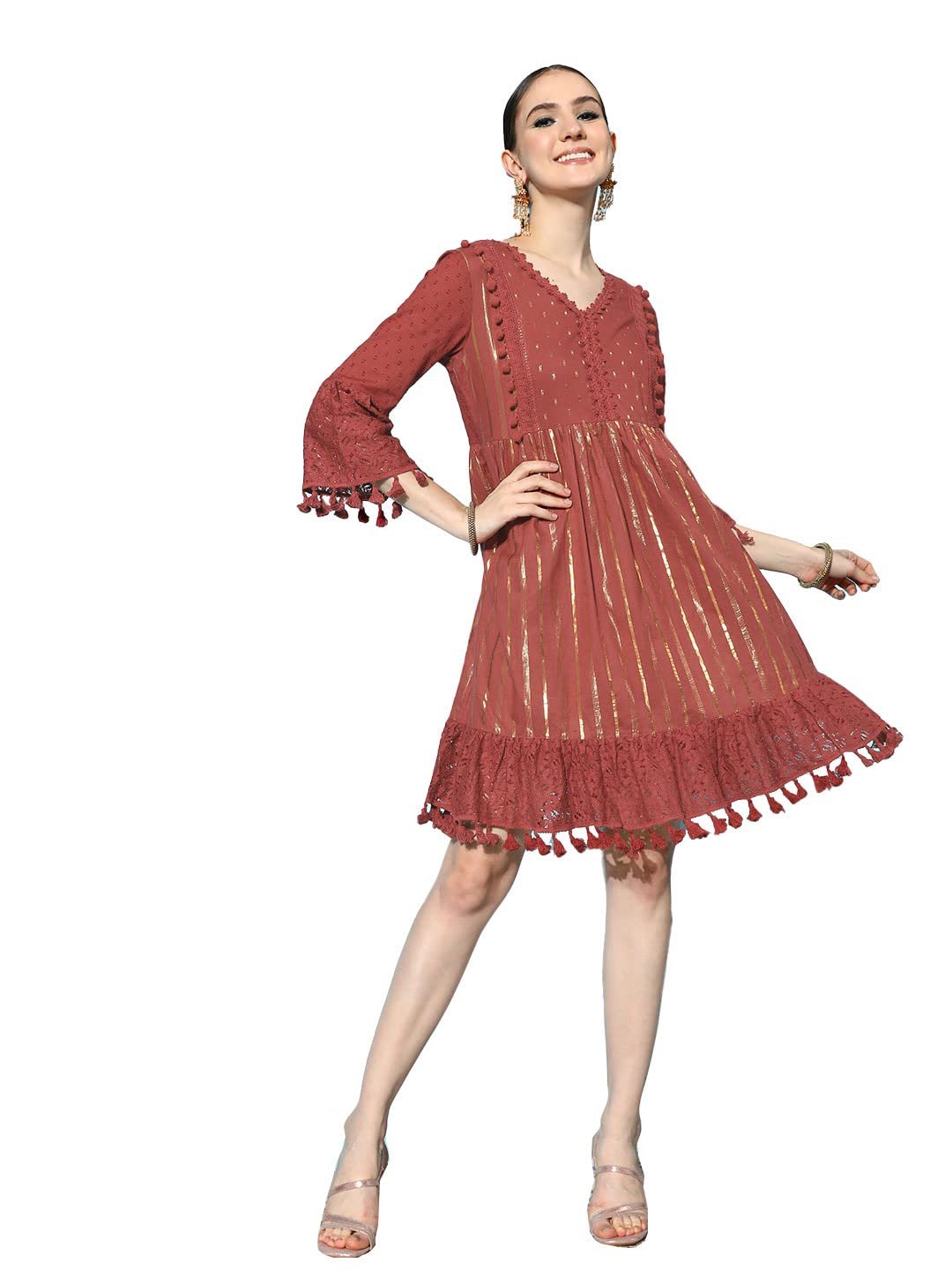 Ishin Women's Cotton Above Knee Length A-Line Indo Western Dress