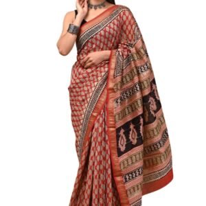 women's hand block printed Maheshwari silk saree 6.3 m including blouse piece