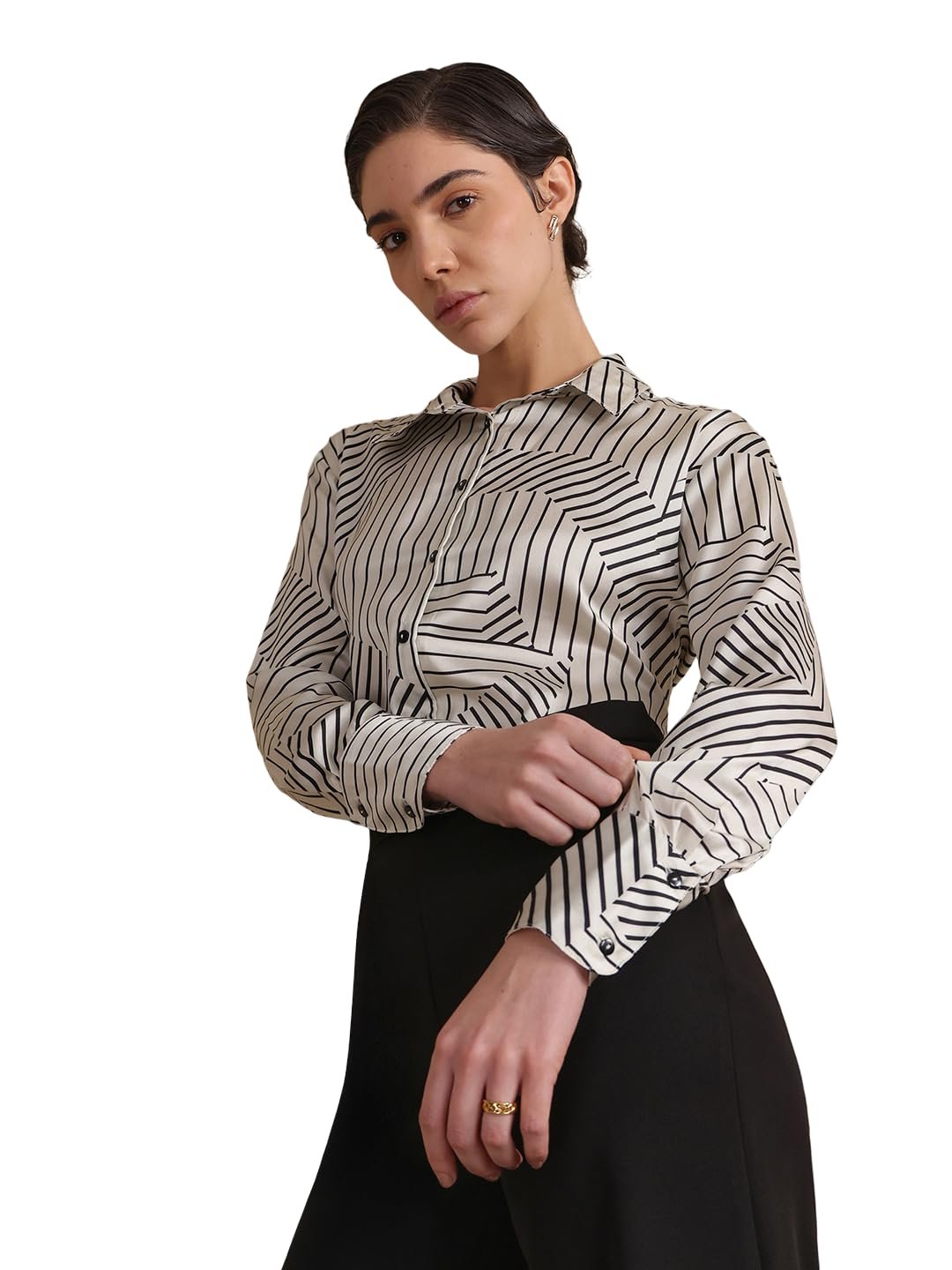 FableStreet Women Formal Shirt | Comfort Fit Long Sleeve Spread Collar Abstract Geometric Print | Satin Fabric with Curved Hem for Office - Image 12