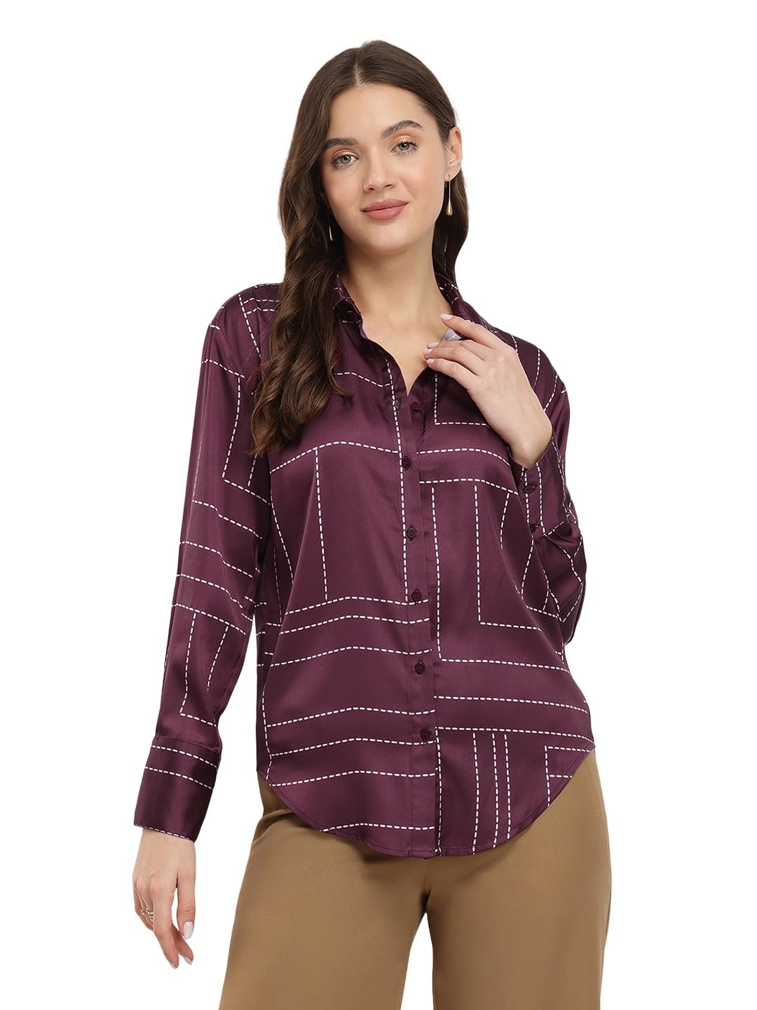 FableStreet Women Formal Shirt | Comfort Fit Long Sleeve Spread Collar Abstract Geometric Print | Satin Fabric with Curved Hem for Office