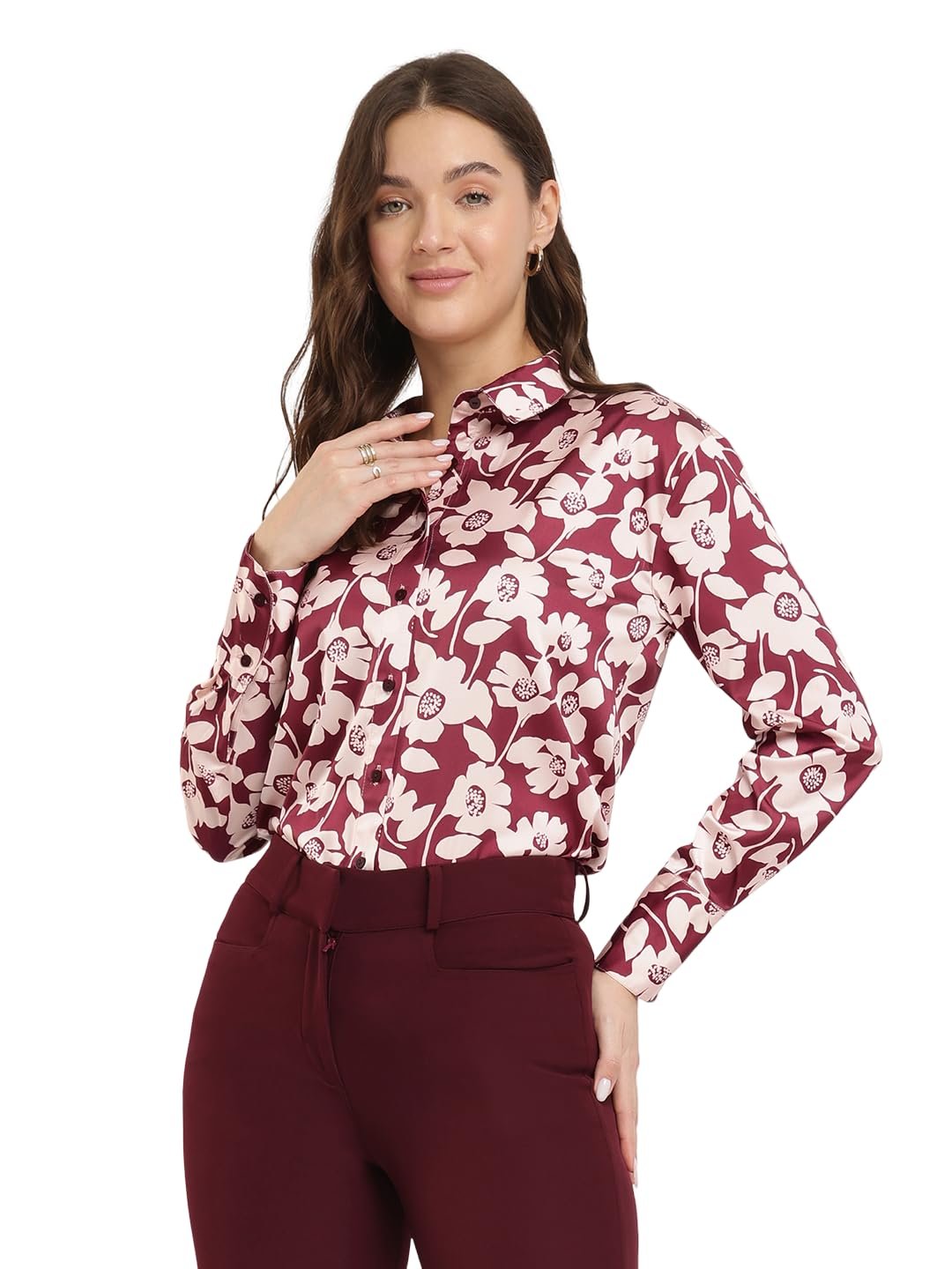 FableStreet Women Formal Shirt | Comfort Fit Long Sleeve Spread Collar Abstract Geometric Print | Satin Fabric with Curved Hem for Office - Image 7