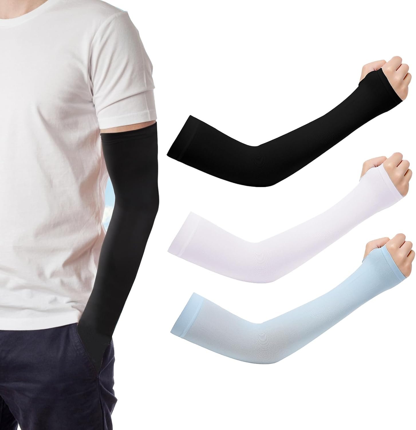 Unisex Arm Sleeves Gloves for Men & Women,3 Pairs,UV Sun Protection Arm Sleeves,Moisture-Wicking Arm Cover for Cycling, climbing, hiking(Black&White&Blue)