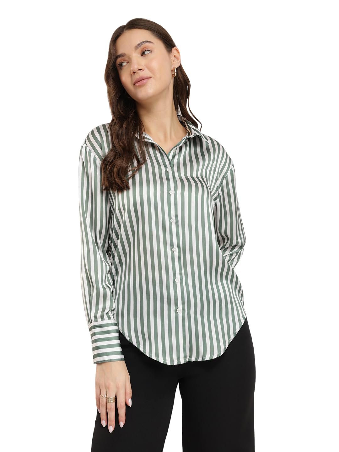 FableStreet Women Formal Shirt | Comfort Fit Long Sleeve Spread Collar Abstract Geometric Print | Satin Fabric with Curved Hem for Office - Image 9