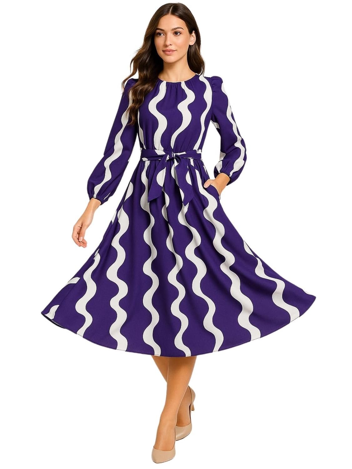 Leriya Fashion Women’s A-Line Midi Dress | Long Sleeve Belted Fit and Flare Gown | Elegant Printed Casual Outfit