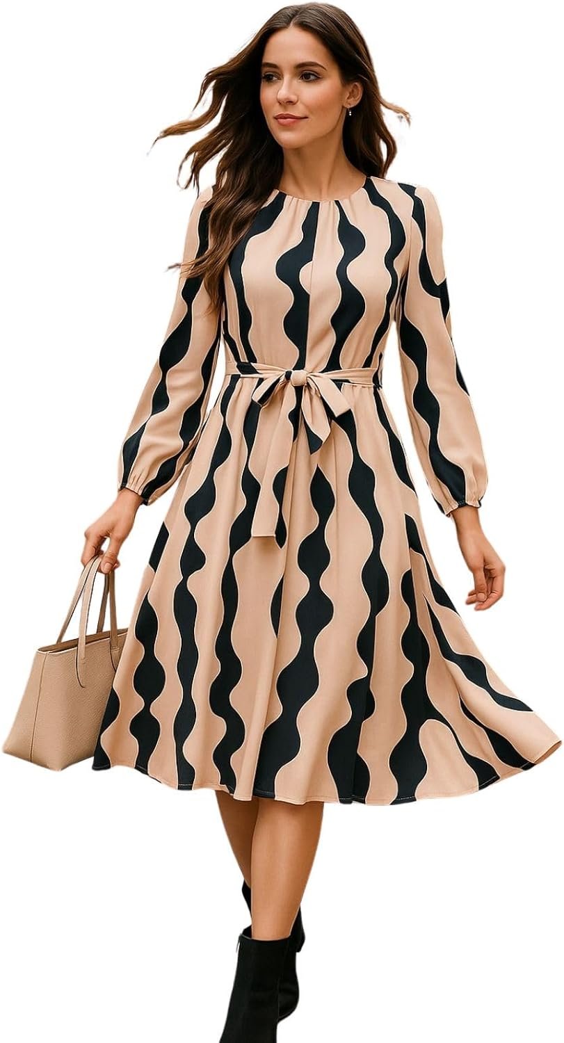 Leriya Fashion Women’s A-Line Midi Dress | Long Sleeve Belted Fit and Flare Gown | Elegant Printed Casual Outfit - Image 4