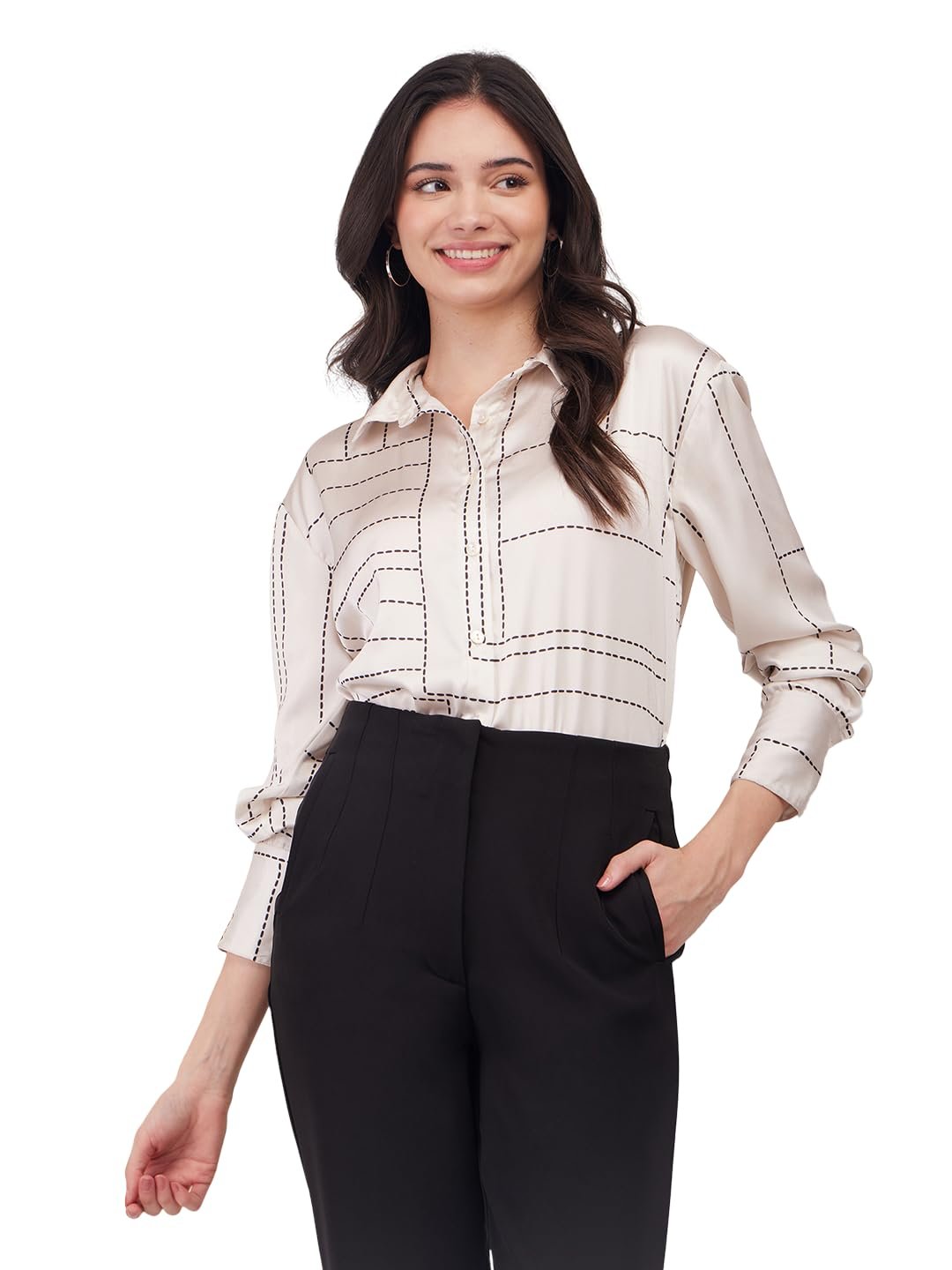 FableStreet Women Formal Shirt | Comfort Fit Long Sleeve Spread Collar Abstract Geometric Print | Satin Fabric with Curved Hem for Office - Image 14