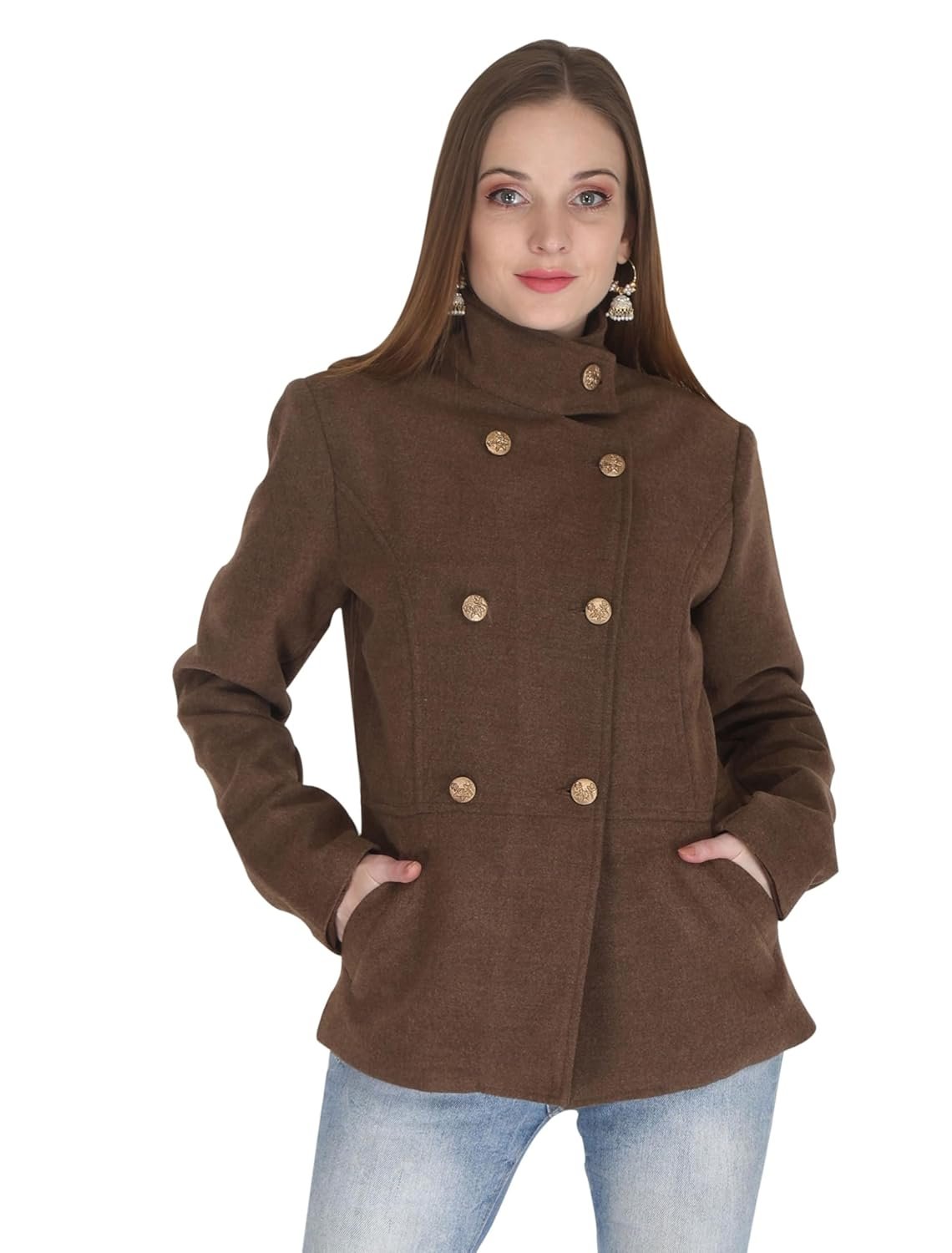 AOL Women's Double Breasted Woollen Pea Coat with Hi-Neck Option