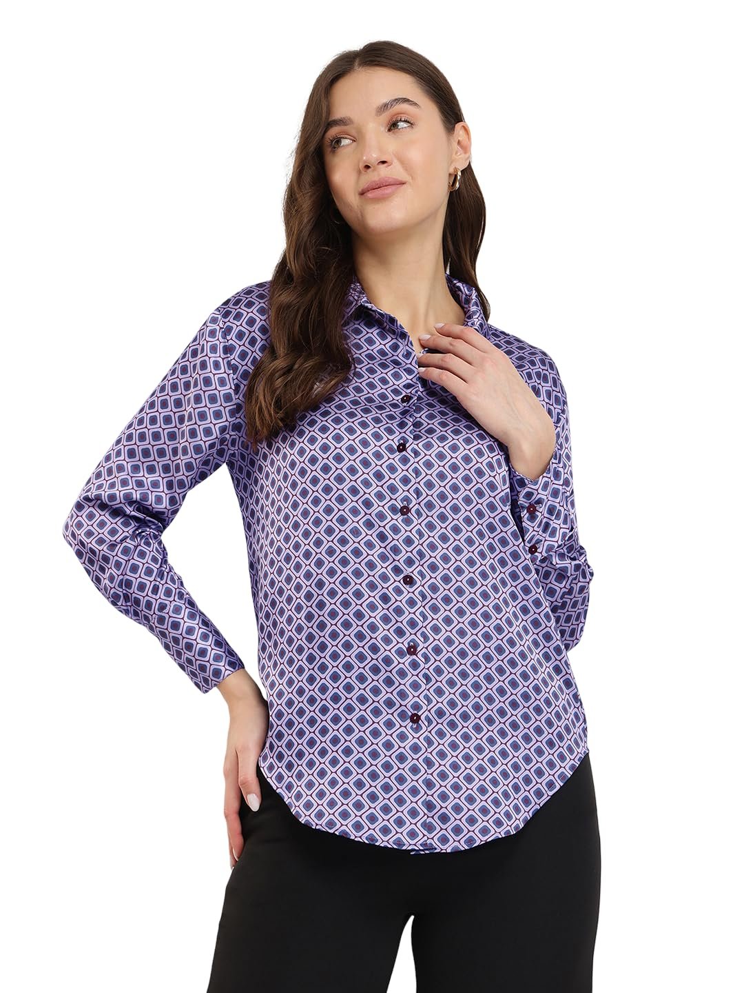 FableStreet Women Formal Shirt | Comfort Fit Long Sleeve Spread Collar Abstract Geometric Print | Satin Fabric with Curved Hem for Office - Image 6