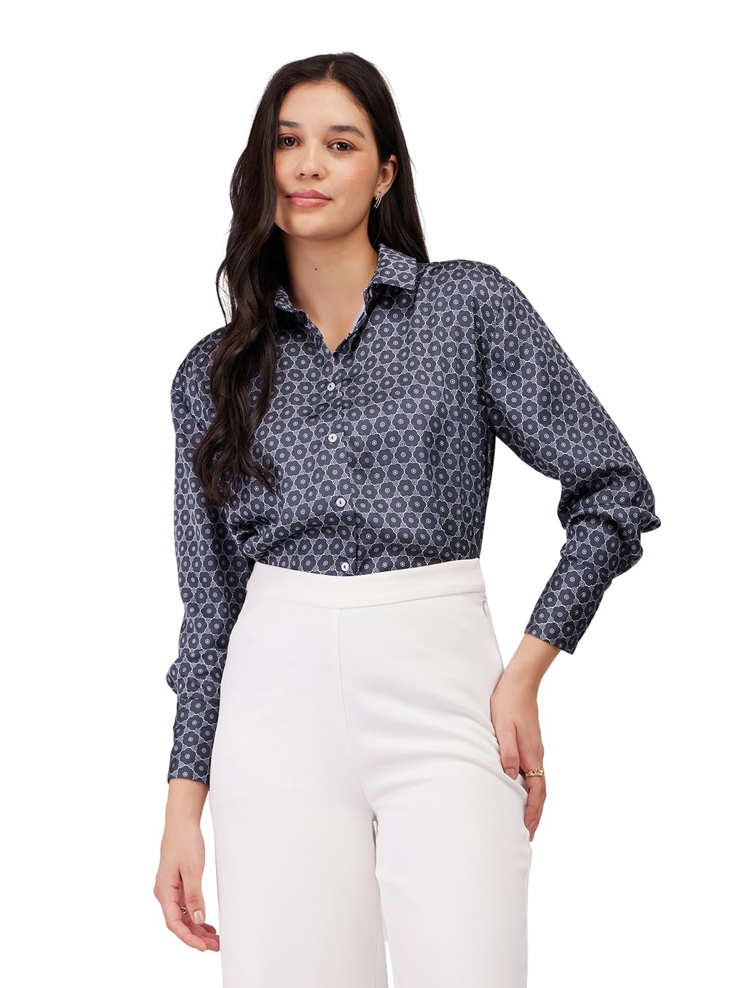 FableStreet Women Formal Shirt | Comfort Fit Long Sleeve Spread Collar Abstract Geometric Print | Satin Fabric with Curved Hem for Office - Image 4