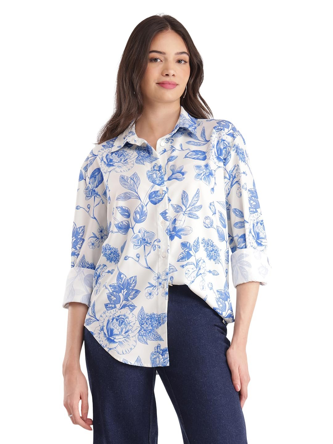 FableStreet Women Formal Shirt | Comfort Fit Long Sleeve Spread Collar Abstract Geometric Print | Satin Fabric with Curved Hem for Office - Image 11