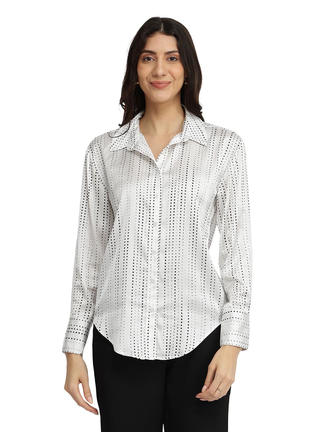 FableStreet Women Formal Shirt | Comfort Fit Long Sleeve Spread Collar Abstract Geometric Print | Satin Fabric with Curved Hem for Office - Image 10