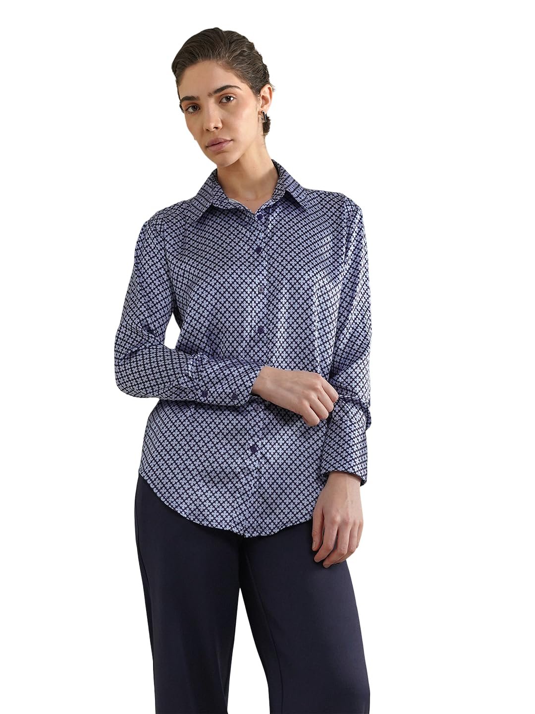 FableStreet Women Formal Shirt | Comfort Fit Long Sleeve Spread Collar Abstract Geometric Print | Satin Fabric with Curved Hem for Office - Image 8