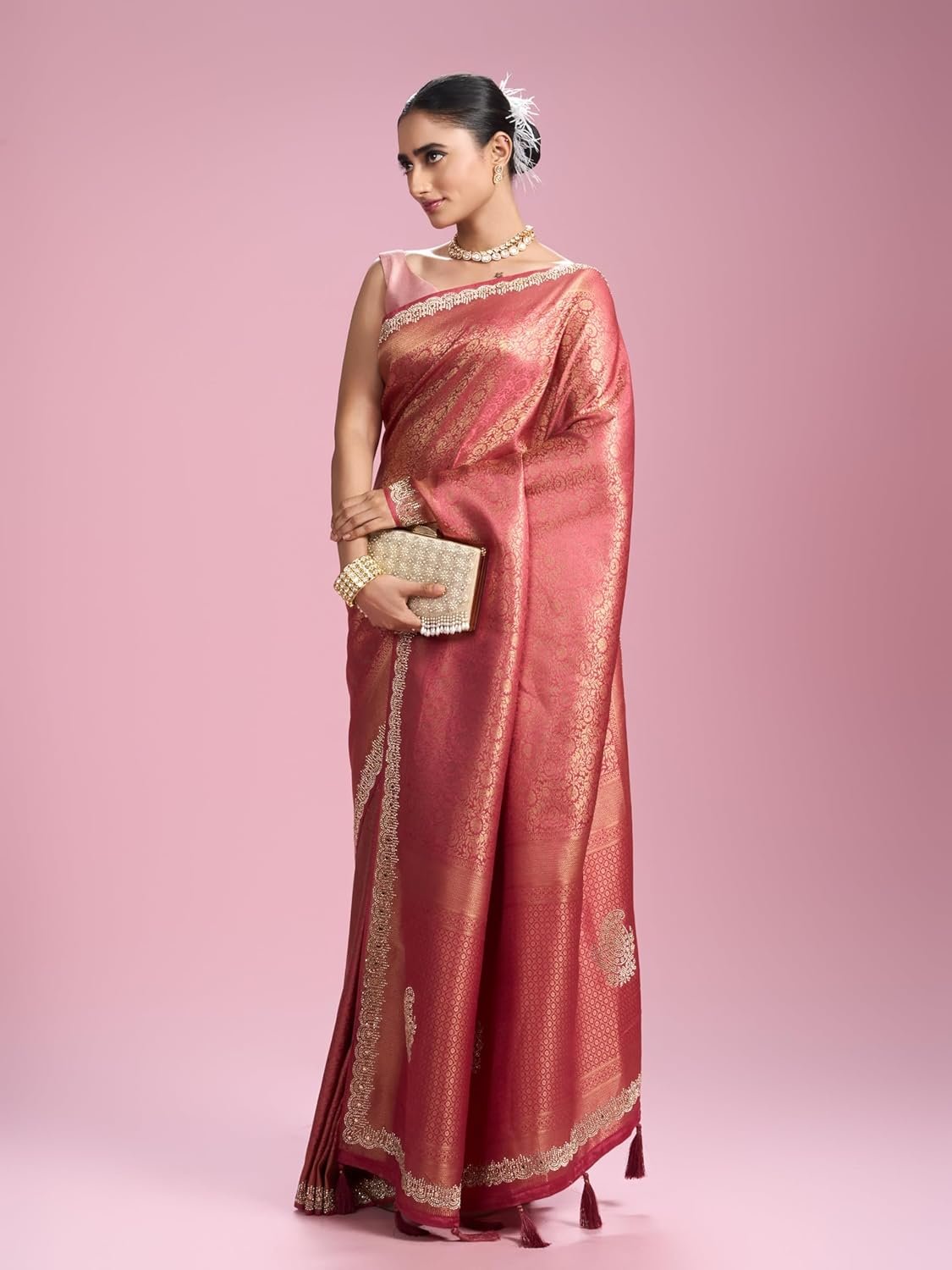 MOHEY Women's Art Silk Mirror Work, Stone Work, Weave Saree with Blouse Piece - Image 4