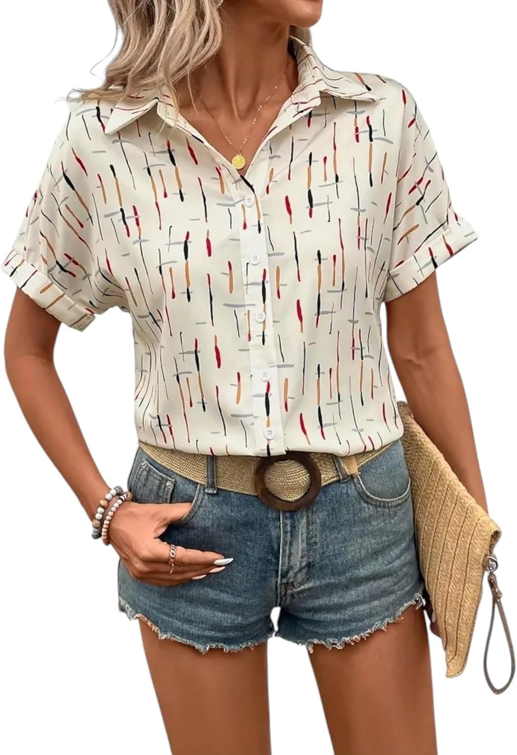 Gufrina Women’s Short Sleeve Button Down Shirt with Abstract Brushstroke Print in Beige and Multicolor - Lightweight Casual Summer Top for Relaxed Fit - Image 2