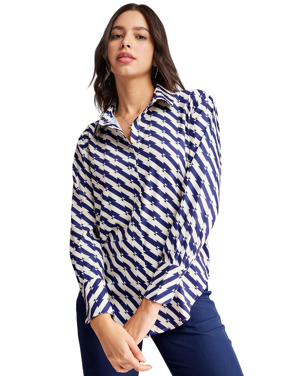 FableStreet Women Formal Shirt | Comfort Fit Long Sleeve Spread Collar Abstract Geometric Print | Satin Fabric with Curved Hem for Office - Image 5