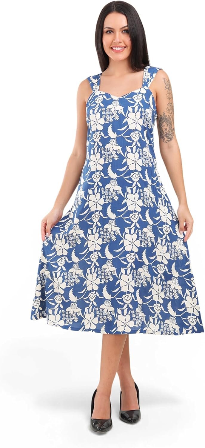 Women's Midi Dress, Blue with White Floral Print, M, Casual, Rayon, V-Neck, Sleeveless