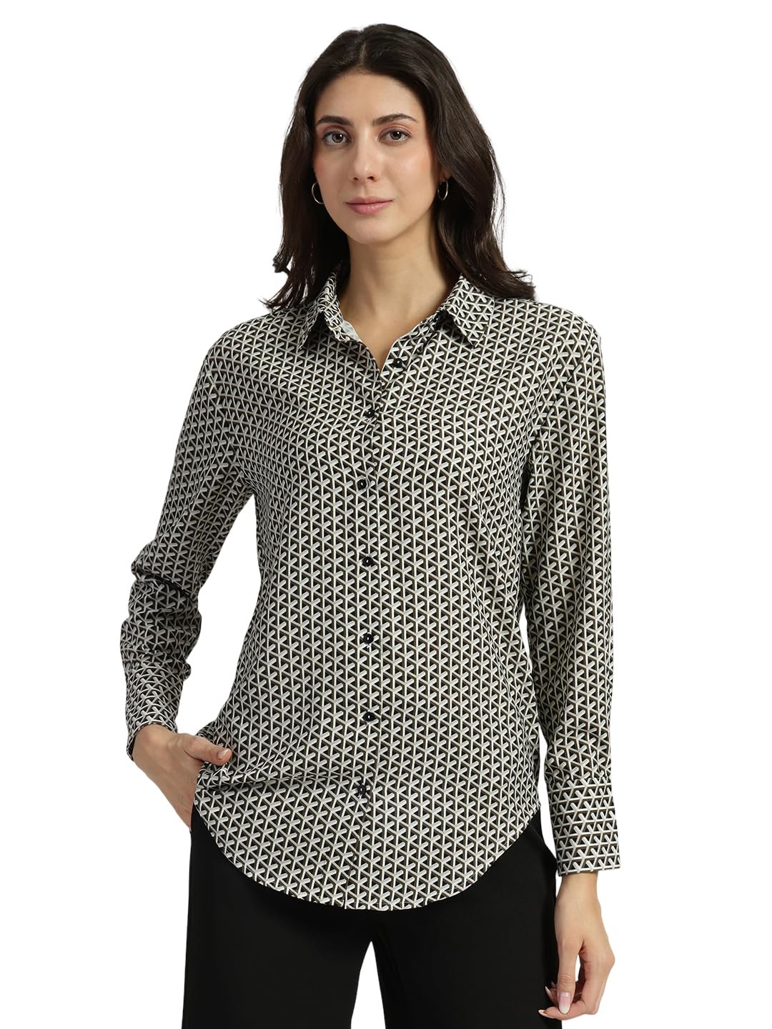 FableStreet Women Formal Shirt | Comfort Fit Long Sleeve Spread Collar Abstract Geometric Print | Satin Fabric with Curved Hem for Office - Image 13