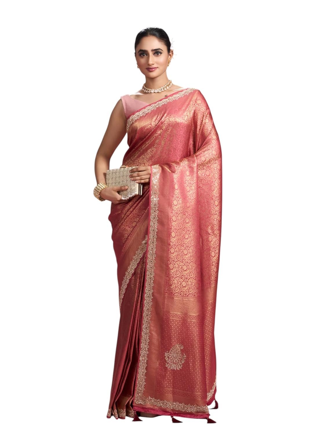 MOHEY Women's Art Silk Mirror Work, Stone Work, Weave Saree with Blouse Piece