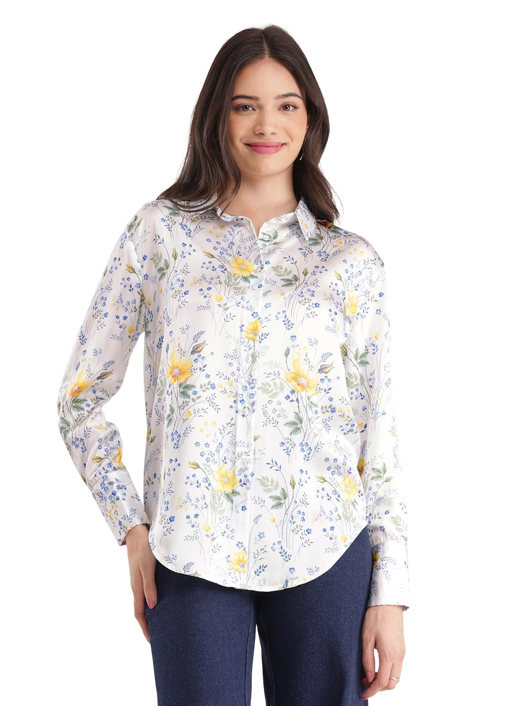 FableStreet Women Formal Shirt | Comfort Fit Long Sleeve Spread Collar Abstract Geometric Print | Satin Fabric with Curved Hem for Office - Image 3