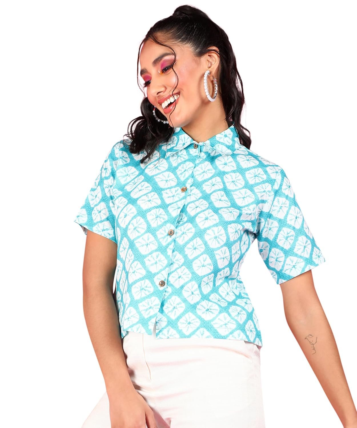 POPWINGS Ethnic Printed Cotton Half Sleeves Regular Fit Crop Shirts for Women Stylish Western Casual Wear - Image 2