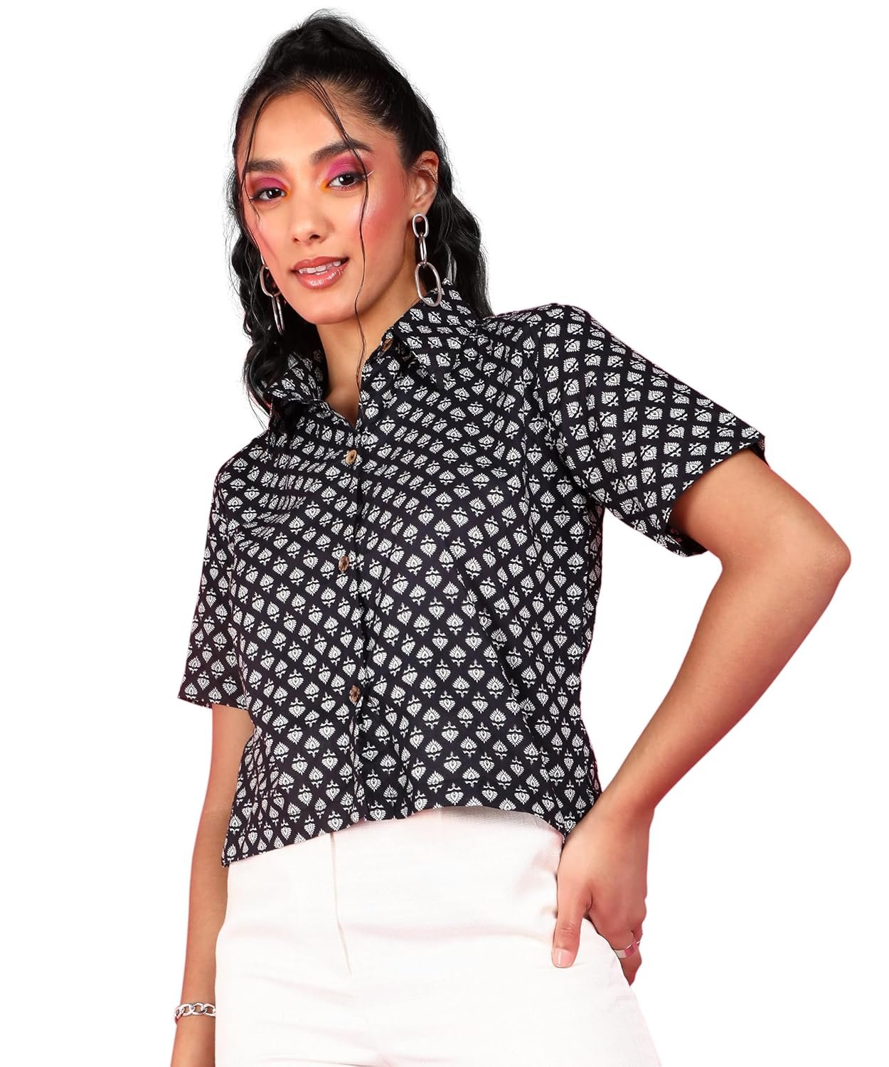 POPWINGS Ethnic Printed Cotton Half Sleeves Regular Fit Crop Shirts for Women Stylish Western Casual Wear - Image 6