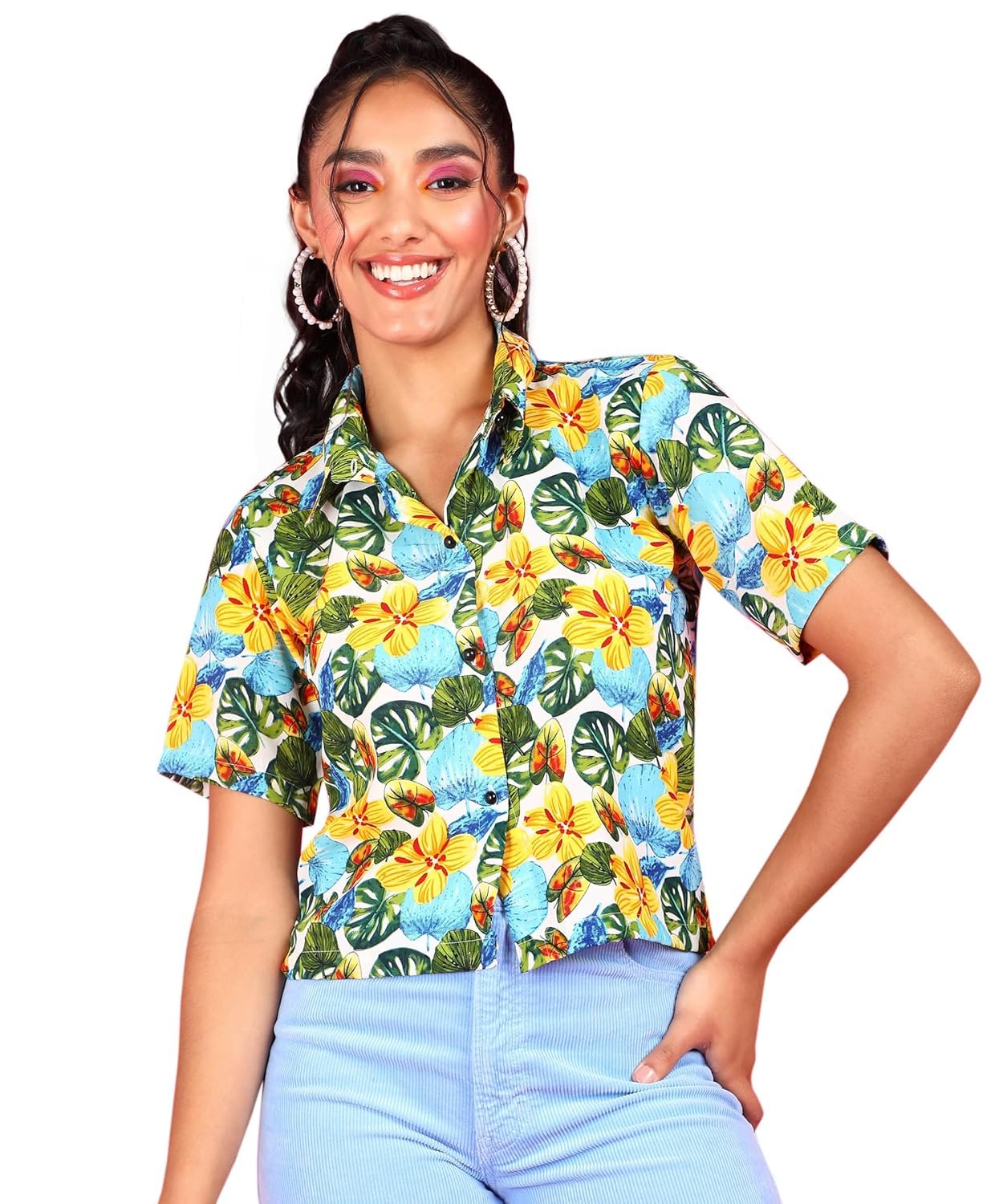 POPWINGS Ethnic Printed Cotton Half Sleeves Regular Fit Crop Shirts for Women Stylish Western Casual Wear - Image 5