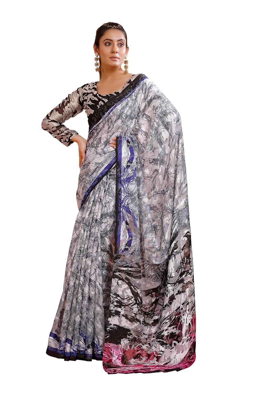 Garden Vareli Viscose Brasso Floral Print Saree with Unstitched Blouse Piece - Image 6
