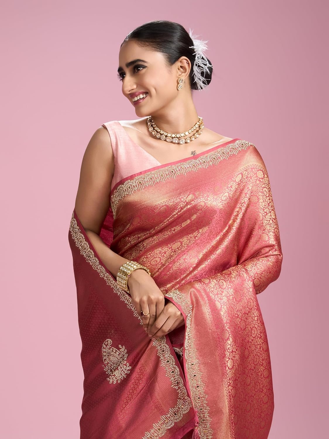 MOHEY Women's Art Silk Mirror Work, Stone Work, Weave Saree with Blouse Piece - Image 3