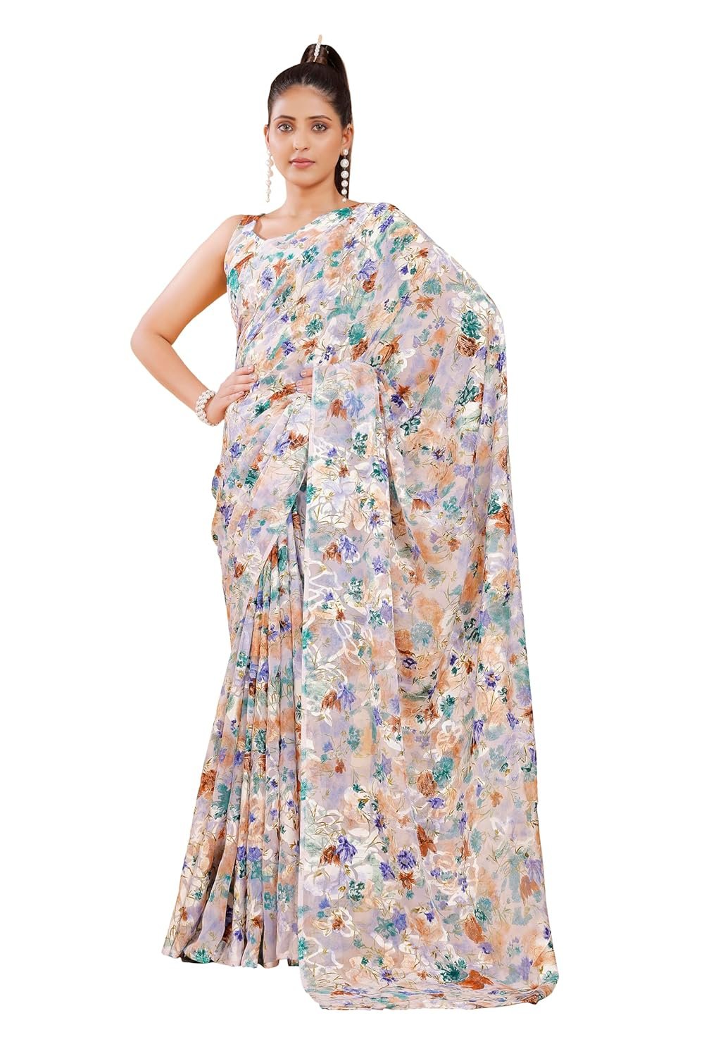 Garden Vareli Viscose Brasso Floral Print Saree with Unstitched Blouse Piece - Image 10