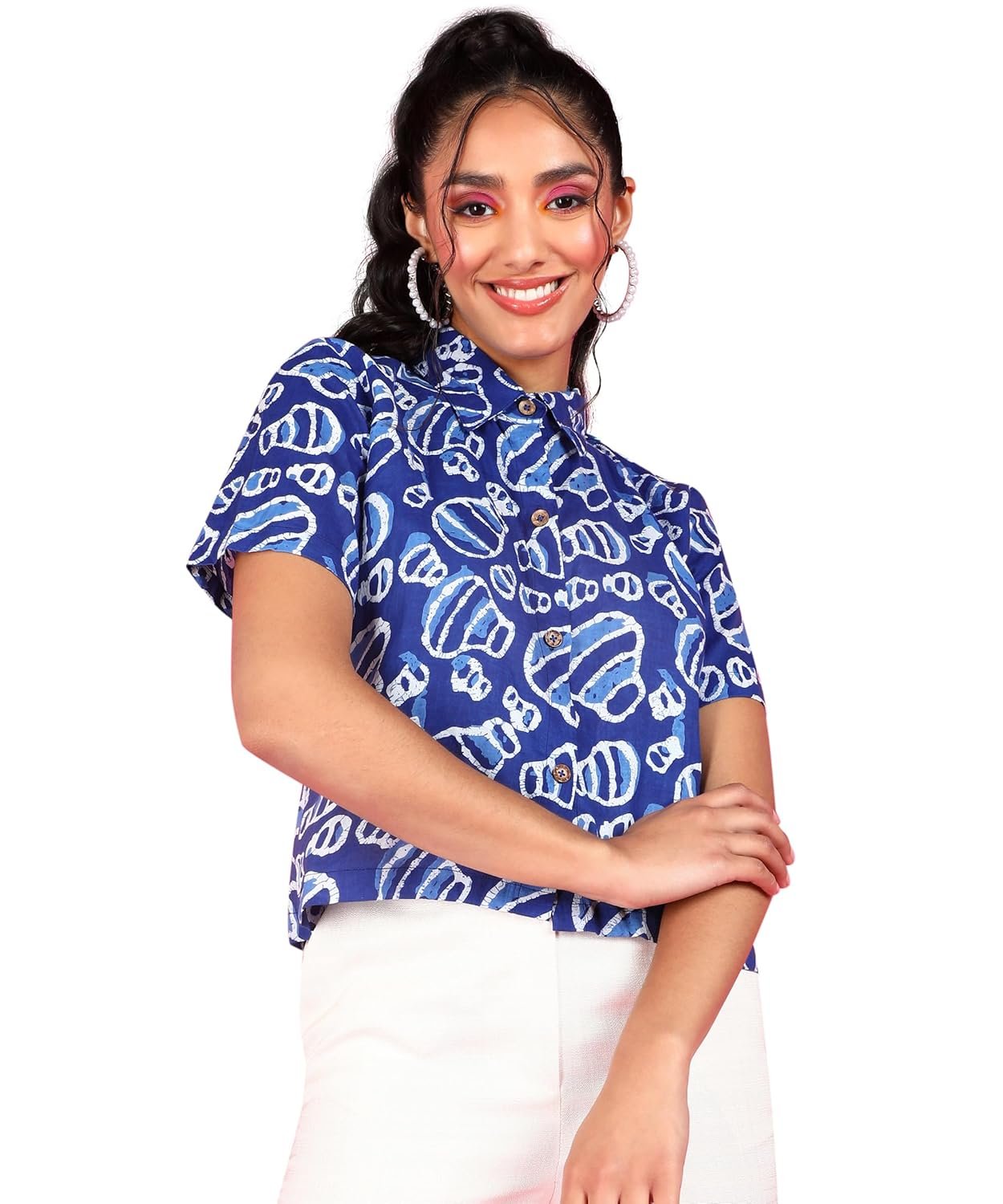 POPWINGS Ethnic Printed Cotton Half Sleeves Regular Fit Crop Shirts for Women Stylish Western Casual Wear - Image 4