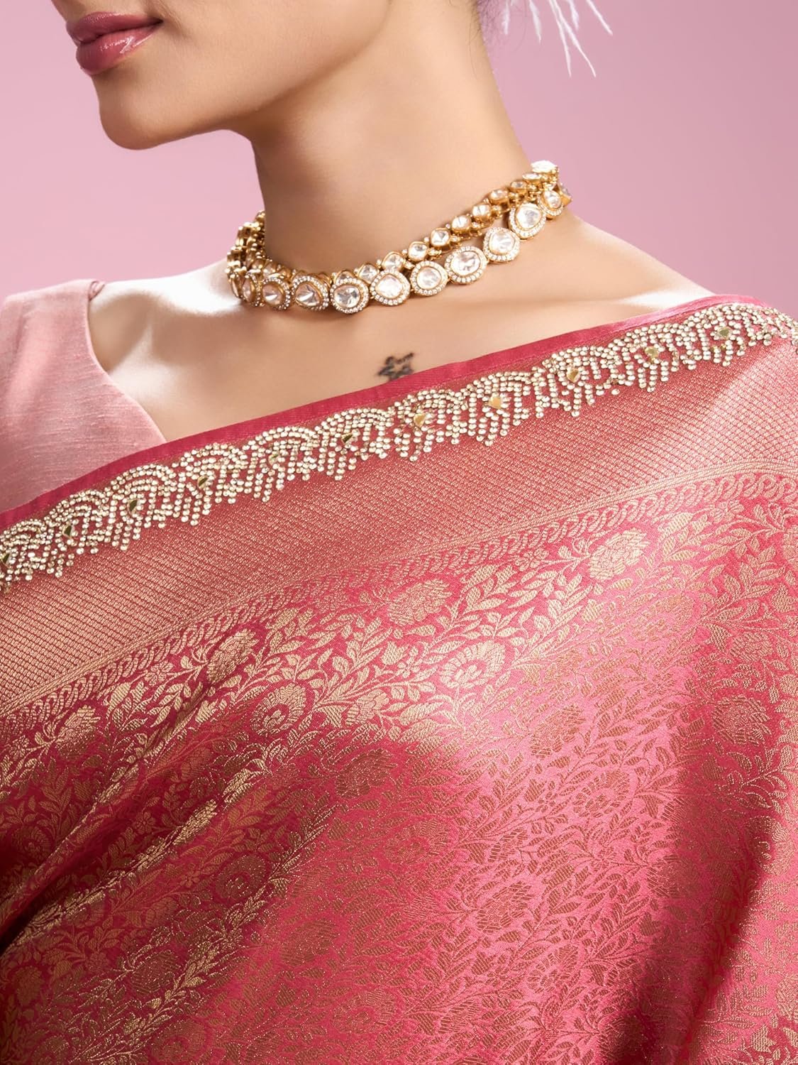 MOHEY Women's Art Silk Mirror Work, Stone Work, Weave Saree with Blouse Piece - Image 2