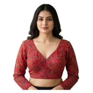 Generic Women's Ajrakh Cotton Printed V-Neck Padded Blouse (Red 38 Ready (Self Alterable 36?C40)