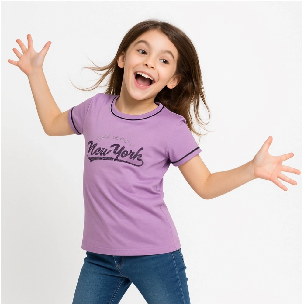Generic Girl's Cotton Printeded Round Neck T-Shirt (Lavander) - Image 2