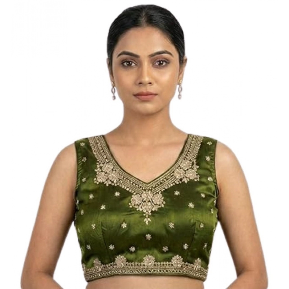Generic Women's Silk Embroidered V-Neck Sleeveless Readymade Padded Blouse (Mahendi, Size 38) - Image 2