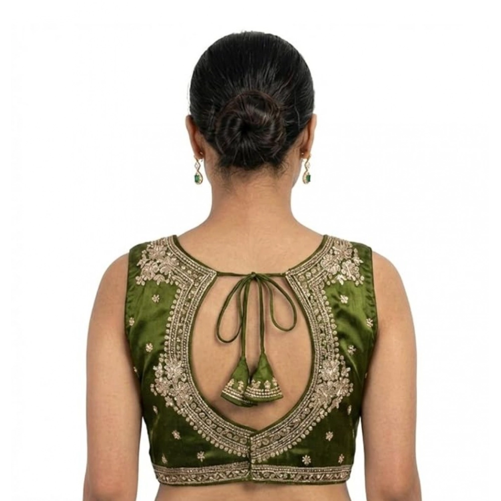 Generic Women's Silk Embroidered V-Neck Sleeveless Readymade Padded Blouse (Mahendi, Size 38) - Image 3
