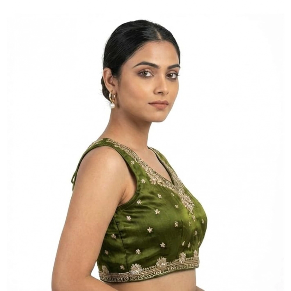 Generic Women's Silk Embroidered V-Neck Sleeveless Readymade Padded Blouse (Mahendi, Size 38) - Image 4