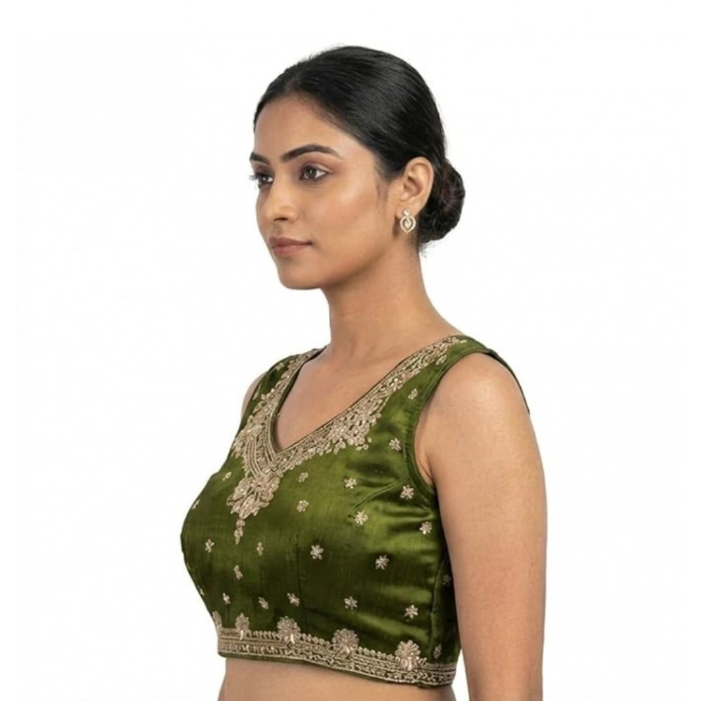 Generic Women's Silk Embroidered V-Neck Sleeveless Readymade Padded Blouse (Mahendi, Size 38) - Image 5