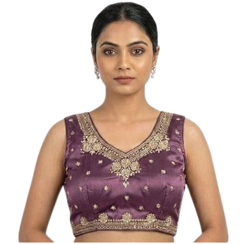 Generic Women's Silk Embroidered V-Neck Sleeveless Readymade Padded Blouse (Purple, Size 38) - Image 2