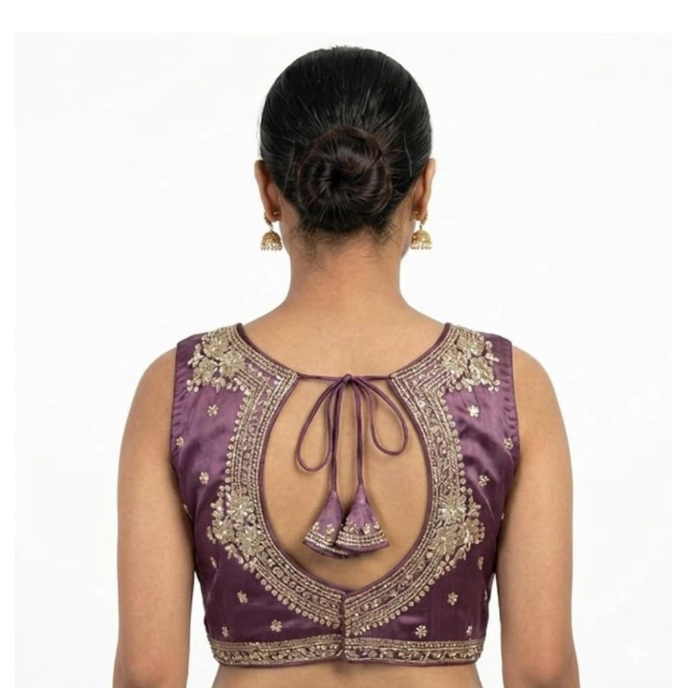 Generic Women's Silk Embroidered V-Neck Sleeveless Readymade Padded Blouse (Purple, Size 38) - Image 3