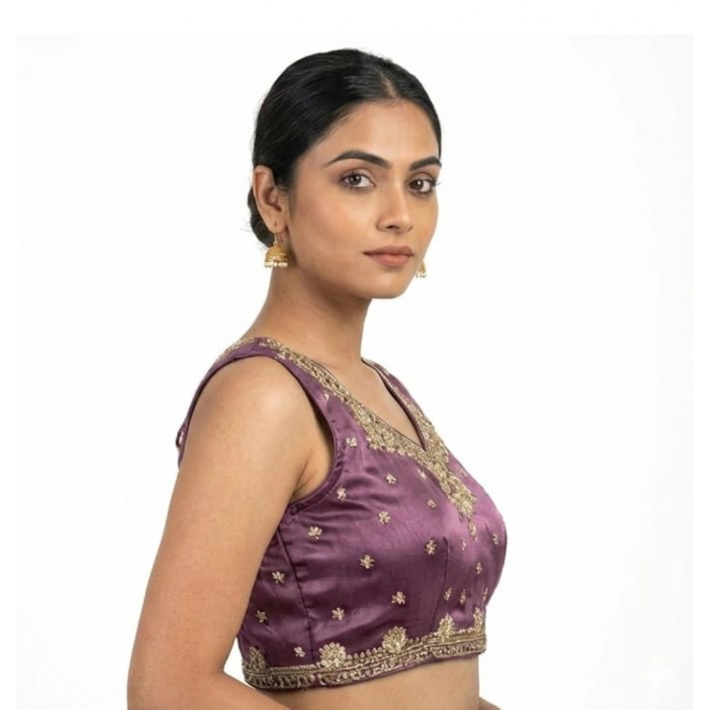 Generic Women's Silk Embroidered V-Neck Sleeveless Readymade Padded Blouse (Purple, Size 38) - Image 4