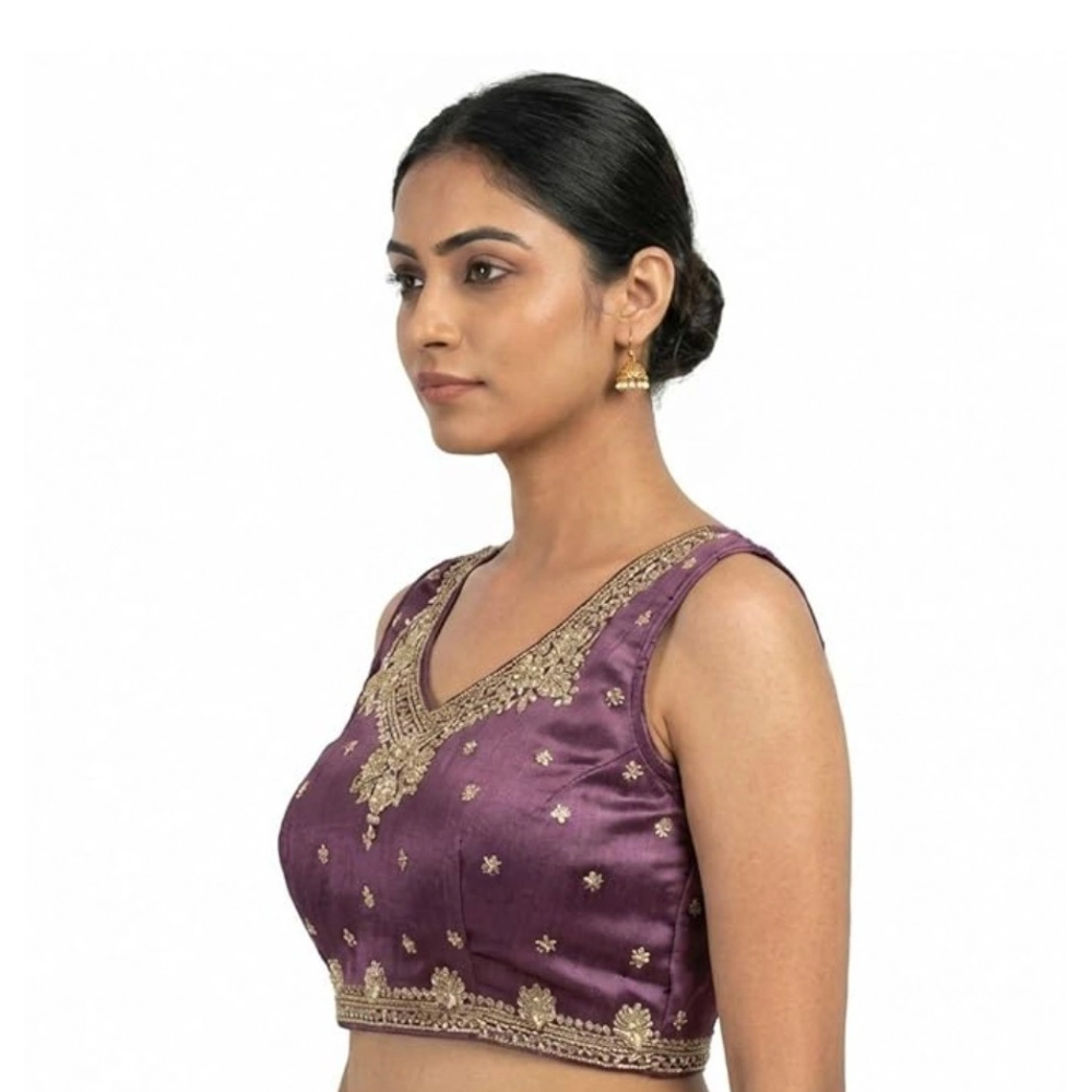 Generic Women's Silk Embroidered V-Neck Sleeveless Readymade Padded Blouse (Purple, Size 38) - Image 5