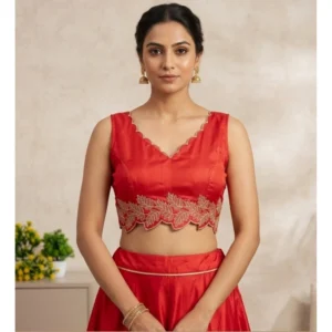 Generic Women's Silk Embroidered Sweetheart Neck Sleeveless Readymade Padded Blouse (Red, Size 38)