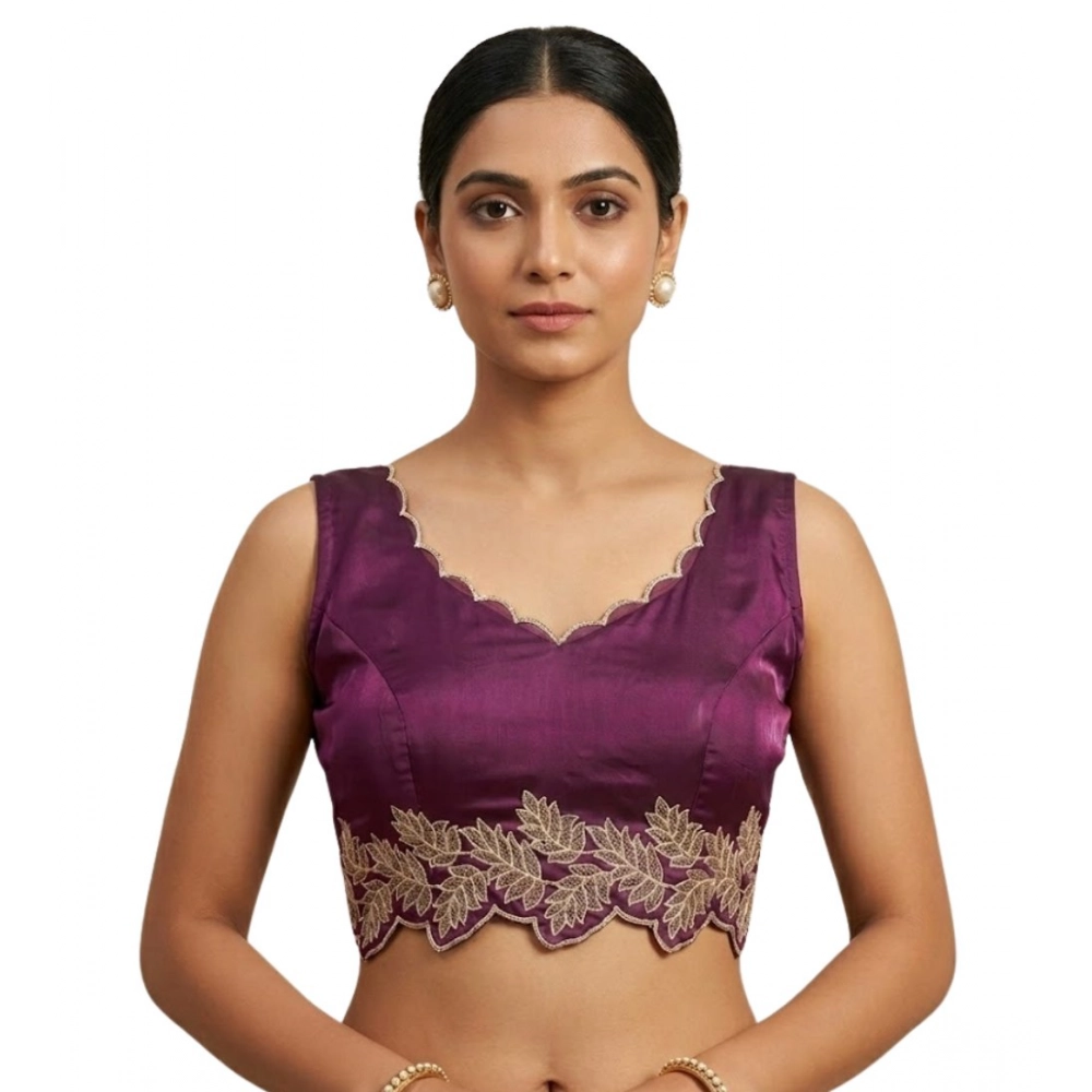 Generic Women's Silk Embroidered Sweetheart Neck Sleeveless Readymade Padded Blouse (Wine, Size 38) - Image 2